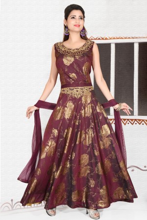 Wine Purple Soft Brocade Art Silk Gown